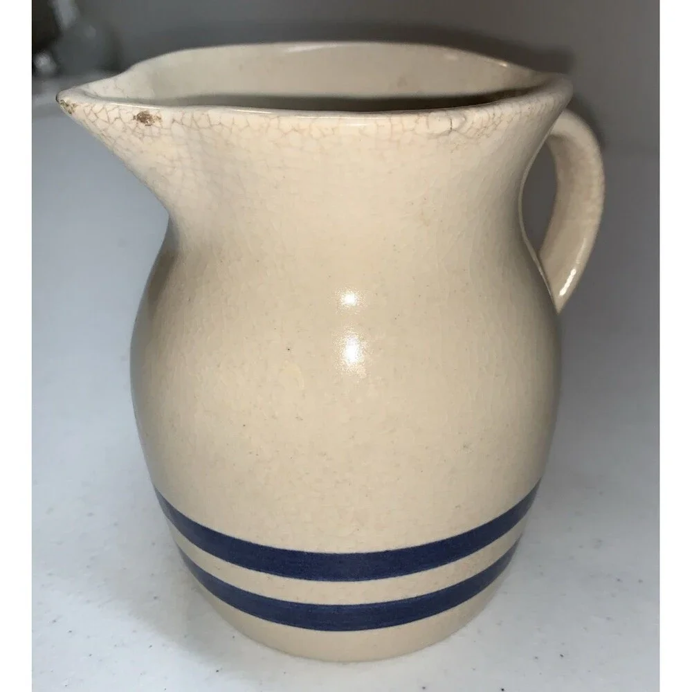 Vintage Antique R.R.P.C. RRP ROSEVILLE POTTERY Blue Stripes Pitcher Creamer